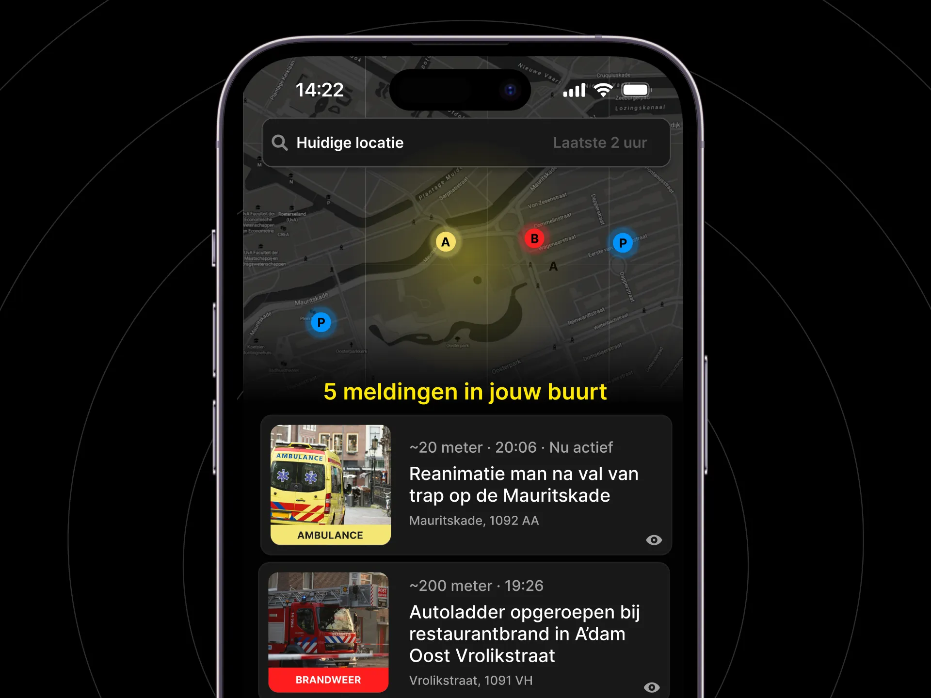 Black phone on black background showing concept emergency monitoring app with map showing active emergencies in Amsterdam